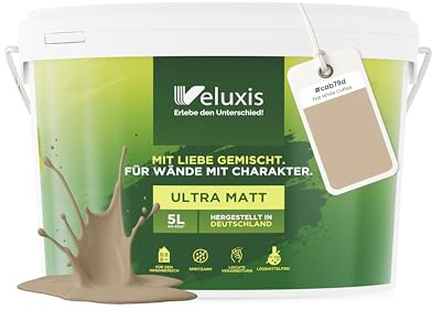 Veluxis® Pintura de pared beige para interiores - 5 litros y opacidad clase 1, sin vetas, antigoteo, ecológica y sin COV - (Flat White Coffee)