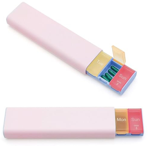 ATTEEFI Boite Medicaments 7 Jours, Coloré Pilulier Voyage, 7 Compartiments Boite a Medicament Rangement, avec Capuchon de Protection Rose, pour Pilule, Vitamines et Huile de Poisson