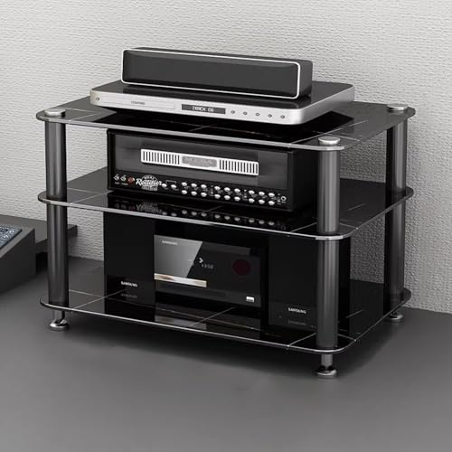 Mobile Stereo Rack HiFi, Mobile Porta Giradischi in Vetro con Ripiani, Mobile Angolare per Impianto Stereo, Centro di Intrattenimento con Ripiani(Black,Third floor)