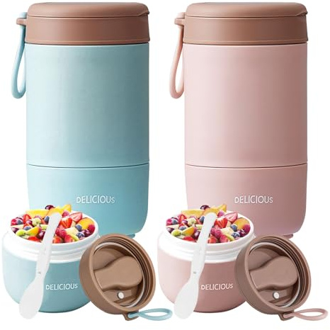 YuLiMirich 2 Stück Müslibecher To Go mit Deckel, 730ml PP-Material Porridge Becher Joghurtbecher to Go mit Löffel, Doppelschicht Auslaufsicherer Einmachgläser Perfekt für Arbeit, Schule