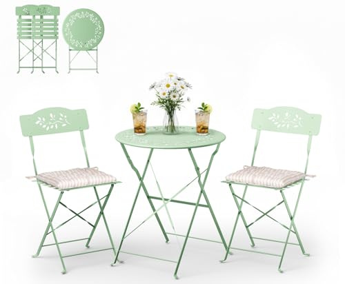 Bonnlo Bistroset 3-teilig aus Stahl mit Sitzkissen – Bistrotisch mit 2 Klappstühlen, Gartenmöbel Set, Durchbrochenes Olivenblatt-Design, Wetterbeständig, für Balkon, Garten & Wohnraum, Hellgrün