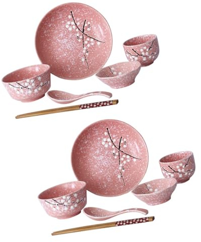 DECHOUS Service de Table Japonerie en Céramique 12 Pièces Rose Kit Vaisselle Maison 2 Bols 2 Assiettes 2 Plats 2 Tasses 2 Cuillères 2 Paires de Baguettes, Couverts en Céramique Élégants