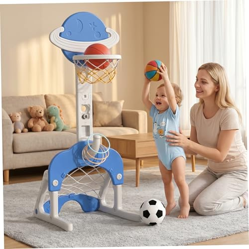 Aro y soporte de baloncesto para niños, aro de baloncesto 3 en 1 para niños pequeños con fútbol y lanzamiento de anillos, altura ajustable, divertido juguete deportivo para interiores exteriores, d