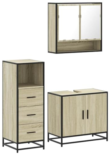 QJBSAVVA 3-TLG. Badmöbel-Set Sonoma-Eiche Optik, Badezimmer Möbelset mit Waschbeckenunterschrank, Spiegelschrank und Beistellschrank, Industrie-Design Metallgestell für Stauraum