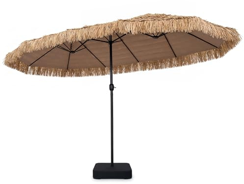 GOPLUS Sombrilla Doble Paja con Base para Terraza (Natural, 450x280 cm) | Parasol Hawaiana con 12 Varillas, Manivela, Pestillo de Seguridad Regulable, Sombrilla Exterior para Playa, Piscina