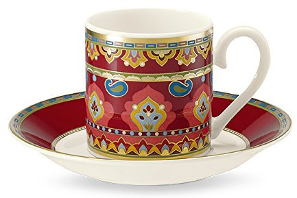 Villeroy & Boch Samarkand Rubin Espressotasse mit Untertasse, 50 ml, Espresso-Set für 1 Person mit orientalischem Dekor, Premium Bone Porcelain, Mehrfarbig/Rot