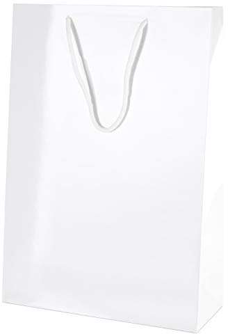 Thepaperbagstore 10 vita lyxiga glanslaminerade papperspåsar med snörhandtag – medel höga 250 × 100 × 360 mm