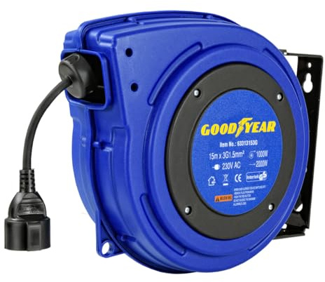 Goodyear Automatische Kabeltrommel, 15 m, 3G1,5 mm² H07RN-F | Automatischer Rücklauf zur Wandmontage; 1000/2000 W Leistung für professionelle Anwendungen und Heimwerkerprojekte