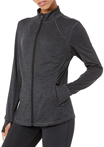 Amazon Essentials Veste Entièrement Zippée en Tissu Brossé Tech Stretch - couleurs abandonnées Femme, Noir Teinture Spatiale, L