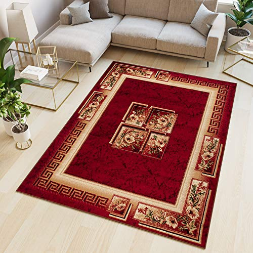 TAPISO Atlas Teppich Kurzflor Blumen Griechisch Floral Bordüre Meliert Rot Beige Vintage Modern ÖKOTEX 300 x 400 cm | Wohnzimmer Klassisch Schlafzimmer Traditioneller Teppich für Wohnzimmer Esszimmer OEKO-TEX