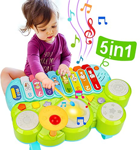 Baby Piano Drum Set for Toddlers 1-3, Musical Toys 3 In 1 Baby DJ Table Piano Keyboard Xylophone Instruments for 1 2 Year Old Boys Girls Music & Light Activity Table 6-12-18 Months Old Birthday Gifts