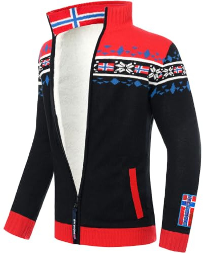 Nebulus Giacca da uomo in maglia Canadian, calda giacca a maglia con colletto alto, maglione con chiusura lampo, look norvegese, nero - rosso, M