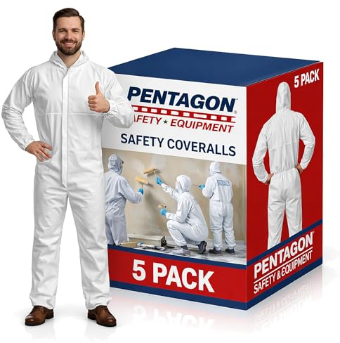 PENTAGON SAFETY EQUIPMENT - Disposable Overalls, Full-Coverage Hazmat Suit with Hood, Overalls for Men/Women, Pack of 5 White Coveralls for Extreme Work Environments & Various Applications, 2X-Large