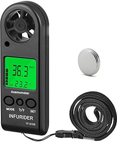 Anemometro Digitale, INFURIDER YF-816B Anemometro Portatile per Velocità del Vento 0,3-30 m/s Temp del Vento con Retroilluminazione Freddo MAX AVG