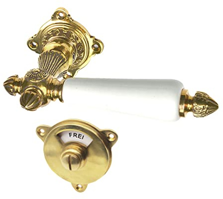 Türbeschlag-Set antik fürs Badezimmer mit Frei/Besetzt Schriftzug mit Keramikgriffhülsen, Drückergarnitur mit Türklinken und Rosetten für Buntbart, Modell 1899 aus Messing patiniert