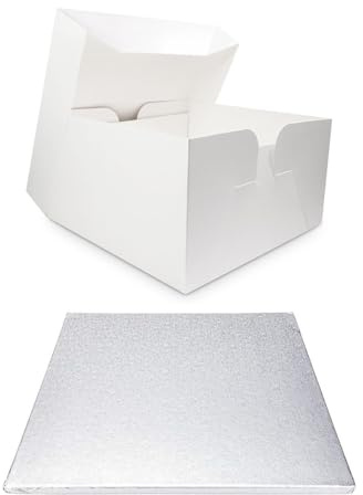 LARRYROO Single White Cake Box and Silver Square Board Pack - Thick Drum for Wedding, Party etc (15 Inches)