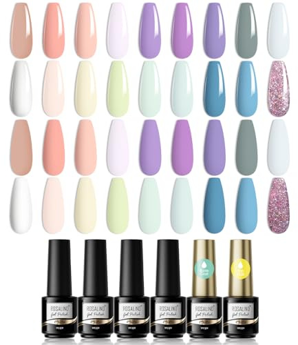 ROSALIND Smalti Semipermanente per Unghie 18Colori Con Base e Top Coat Kit | Nudo Rosa Lilla Glitter Viola Semipermanente Pastello Verde Blu Gel Unghie Con Base e Top Coat Kit Semipermanente Unghie