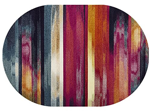 Rururug Teppich Oval Moderner Läufer Orientteppich Kurzflor Flur Schlafzimmer Küche Wohnzimmer rutschfest Waschbar, Gelbe rote purpurrote mehrfarbige abstrakte Linien Oval 80 x 150 cm