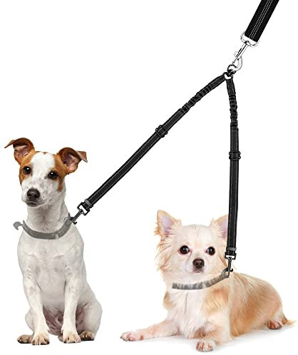 Nasjac Doppelte Hundeleine, kein Verheddern 360° drehbarer Splitter Doppelleine fur Zwei Hunde, verstellbare stoßdämpfende Bungee-reflektierende Leine für Hunde klein mittlere und große Lauftraining