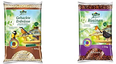 Dehner Natura Wildvogelfutter, gehackte Erdnüsse, 10 kg & Natura Wildvogelfutter, Rosinen, 5 kg