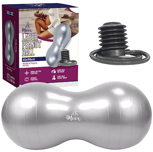 Meex Erdnussball für Schwangerschaft, Wehen & Physiotherapie – Vielseitiger Geburtsball für Bewegung, Yoga, Geburt & Lieferunterstützung – Anti-Burst & dicker Sprungball für Schwangere – Grau (mit