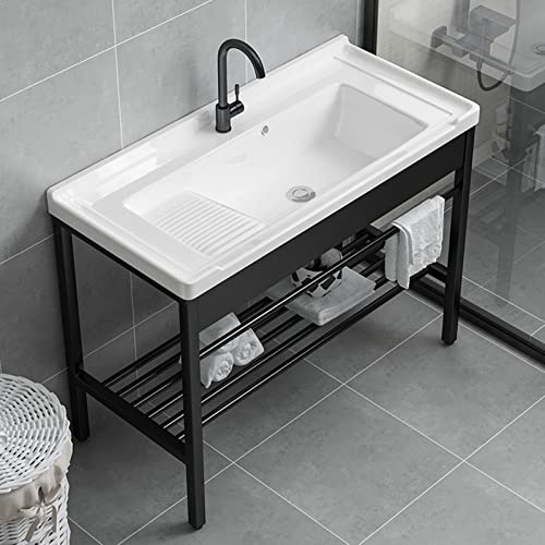 Lavabo in ceramica Bianco Lavatoio Lavello for Esterno e Interno Mobile Lavandino con piedistallo Supporto in Acciaio Inossidabile for ristoranti,bagni,Garage,Magazzini,il Bagno e Toilette ( Size : 81