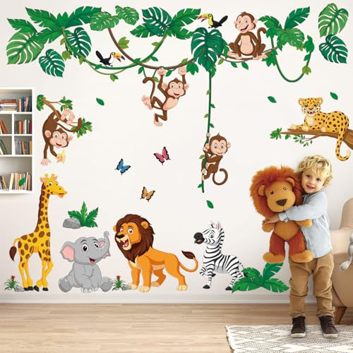 DECOWALL DSL-8069 Djungel Djur Tecknad Väggdekaler Barn Väggdekor Barnrum Barnrum Flicka Pojke Bebis Träd Skog Skog Hem Lejon Tiger Monkey
