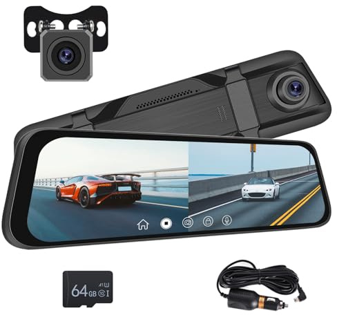 Dash Cam Backspegel, IPS LCD-pekskärm 9,66 tum Bilbackspegel HDR fram och bak videokamera 1080P, nattsyn, parkering, DVR inspelning loop Dashcam