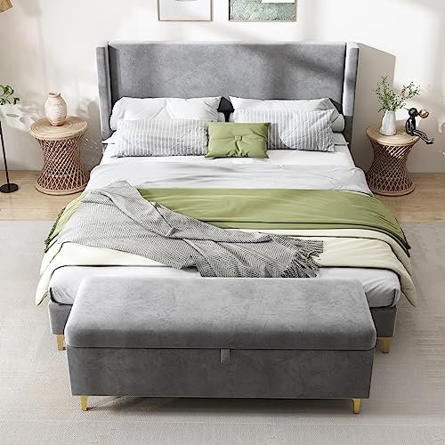 Daesar Polsterbett 140x200, Doppelbett mit Polsterbank Aufbewahrungsbox, Bettgestell mit Lattenrost und Kopfteil, Modern Bett Grau Samt für Erwachsene Jugendliche