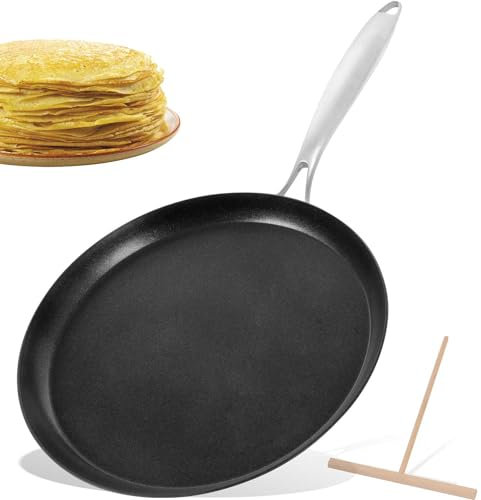 AUDANNE Padella antiaderente con spalmatore, padella piatta in acciaio inox da 28 cm, antiaderente per pancake, griglia e piastra – compatibile con tutti i piani cottura (gas, elettrici e induzione),