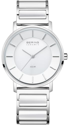 Bering Reloj Solar para Mujer, Reloj de Pulsera de 35 mm, Caja de Acero Inoxidable Plateado y Esfera Blanca, Correa de Acero Inoxidable con Elementos cerámicos, 3 ATM, 19535-754