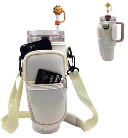 UOKIIYUA Wasserflasche Carrier Bag kompatibel mit Stanley 40oz Tumbler mit Griff, mit verstellbarem Schultergurt und Tasche und Stroh Abdeckung, Sport Wasserflaschenhalter für Wandern