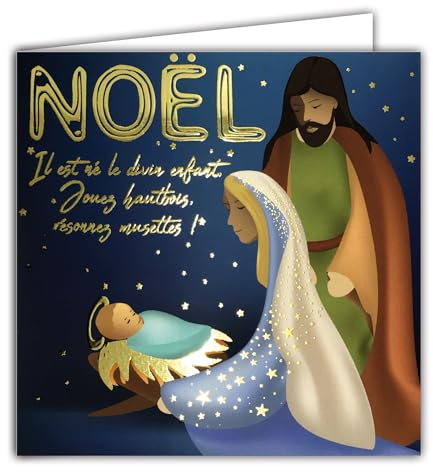 AFIE 23071 Carte Joyeux Noël Crèche Carte Carrée Joyeux Noël Meilleurs Vœux en Or Doré Brillant avec Enveloppe Blanche 15x15cm - Crèche Petit Jésus Marie Joseph Chant Il est né le divin enfant