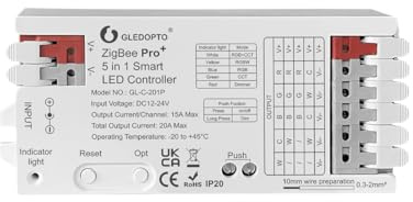 GLEDOPTO ZigBee 3.0 LED Controller 5in1 12-24V DC, RGB+CCT RGBW RGB CCT Dimmer, 20A Gesamt, für LED Streifen, kompatibel mit Hue Bridge, Alexa ZigBee, Zigbee2MQTT(Pro+ 5in1)