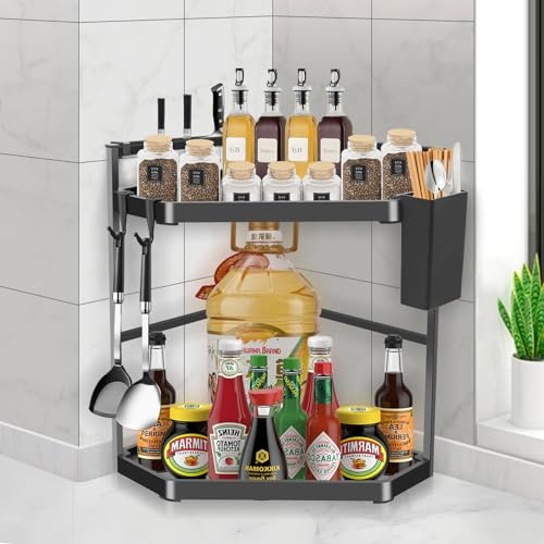 MaxEarn Gewürzregale mit 2 Ebenen, freistehend, Küchenregal Organizer | 40 x 29 x 39 cm, platzsparender Eck-Organizer aus Metall für Küche, Arbeitsplatte, Schlafzimmer, Badezimmer, Büro, Schwarz