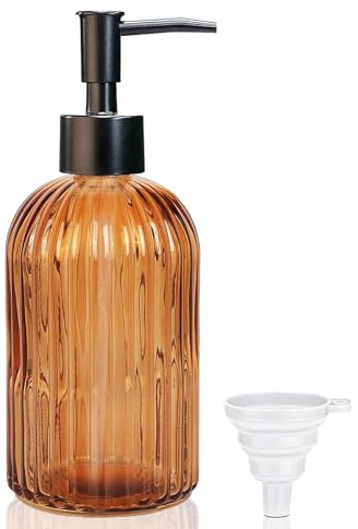 GKSCXEXE 400ml Amber Glass Soap Dispenser with Plastic Pump & Funnel, Liquid Hand Wash Dispenser for Bathroom Kitchen, Refillable Pump Bottle Bottle for Hand Soap, Dish Soap, Shampoo, Lotions
