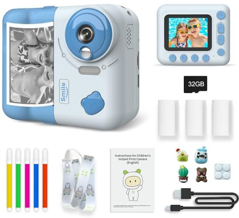 Andoer Appareil photo instantané pour enfant, 1080p 2,4 Appareil photo à impression instantanée pour enfants avec papier d'impression thermique, stylos de couleur, sangle pour le cou, garçons et