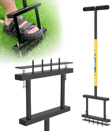 JouZYA Rasenbelüfter Werkzeug, Rasenbelüfter mit 4 Spikes, Automatische Laub- und Schmutzreinigung mit federbelastetem Design, Metall Manueller Belüfter zum Lösen der Bodenbelüftung Terrasse, Hof