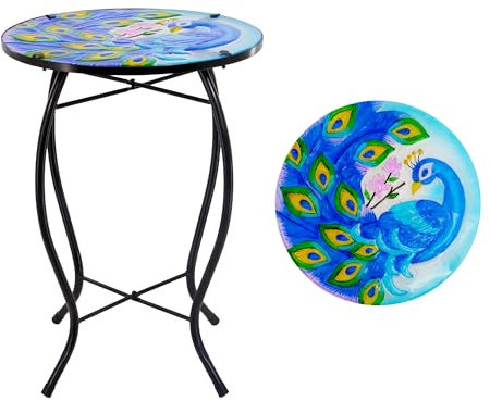 YNGFIL 30,5 cm runder Pfauen-Glas-Beistelltisch, Terrassentisch, kleiner Tisch, Outdoor-Bartisch, Metallglas-Beistelltisch für Veranda, Garten, Terrasse, Pool, Wohnzimmer