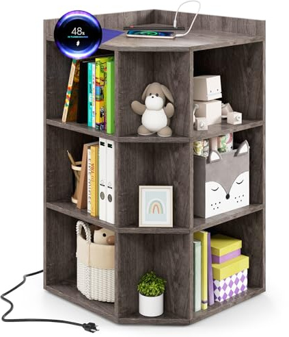 RELAX4LIFE Libreria Scaffale ad Angolo per Bambini, Libreria Angolare a 3 Livelli in Legno con Stazione di Ricarica, 2 Porte USB e 4 Prese, Adatto per Camerrata e Asilo Nido (Grigio)