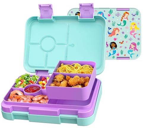 MSSWFSG Bento Lunch Box for Kids, 6 Compartments BPA Free, Dishwasher Safe Back to School Snack Bento Lunch Containers Boxes, Ideal Portion Sizes for On-the-Go Meal, Ages 3+, School, Green Patterned