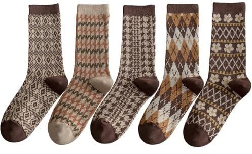 Pick Ferns in March Women's Vintage Fair Isle Brown Socks, 5 Pairs, 4-7 | Warm thermal cotton-rich boot socks, thread-free inside. 5 retro designs - cosy for cold days, Christmas and New Year.