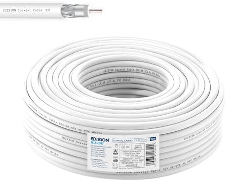 EDISION ICX-50 Câble coaxial 50m, Câble d'antenne TV Interne PVC Blanc, Acier Cuivré CCS/AL, 17VAtC, CPR Eca, Classe A, Câble Sat, pour DVB-S2, DVB-T/T2, DVB-C, RADIO, Bobine 50m