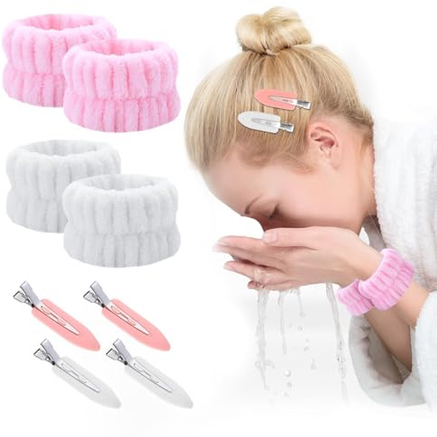 4 Pezzi Polsini Skin Care, Lavati la Faccia Polsini con 4 Clip di Anatroccolo Donne Braccialetti in Pile Corallino Elastici Polsini Skincare per Spa Yoga Make-Up(Rosa)
