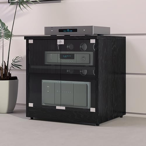 Nordivo Mueble Equipo HiFi con Puerta,Estante De Almacenamiento De Componentes Estéreo,Gabinete De Audio HiFi,Mueble HiFi para Equipo De Música,Gabinete De Almacenamiento De Medios(Black)