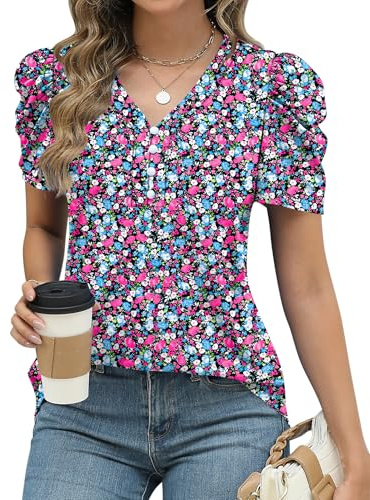EFFAN Ladies Summer Tops Womens Casual Ladies V Neck Blouses Elegant Floral Printed Tunic Blouse(Black-Pink-Blue Floral,S)