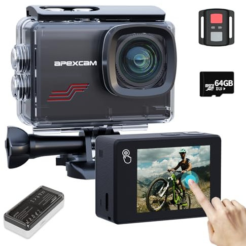 Apexcam M80pro mit 64G Karte Action Cam 4K60FPS 64MP WLAN Sportskamera Unterwasserkamera 40m Wasserdicht 170 ° Weitwinkel 2.4G Fernbedienung 2x1350mAh Akkus mit Zubehör Halterungs-Set
