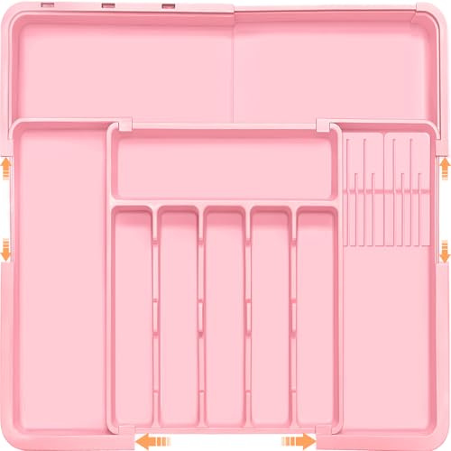 Homecor Silverware Organizer - Expandable Large Kitchen Drawer Organizer Utensil Organizer with 2 Knife Block Inserts, 22x 19Cutlery Tray with Drawer Dividers for Kitchen Flatware (Pink)