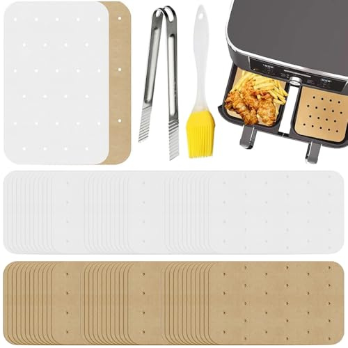 300 PCS Air Fryer Paper Liners, Air Fryer Parchment Paper Liners, Perforated Parchment Paper with Serving Tongs and Basting Brush, Non-Stick Perforated Parchments Liner Baking Paper