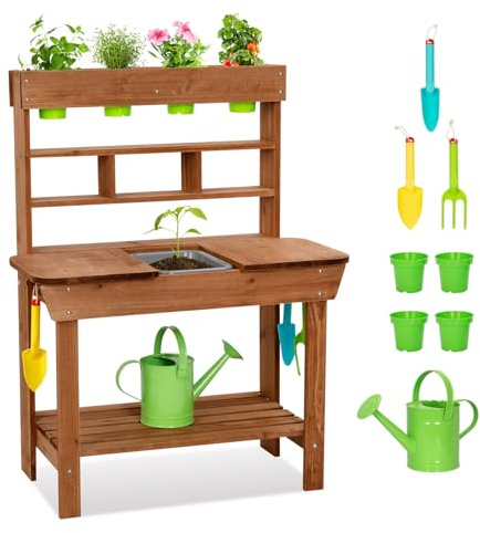 OOOK Tabouret de Poterie avec Évier Amovible, Cuisine Exterieur Enfant pour Garçons et Filles de 3 Ans et Plus, Mud Kitchen pour Enfants en Plein Air avec Outils de Jardinage, Arrosoir, Pot de Fleurs
